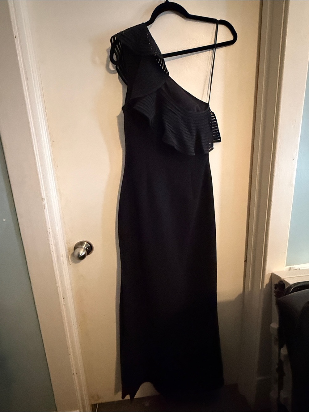 Trina Turk Black One-Shoulder Ruffle Gown
